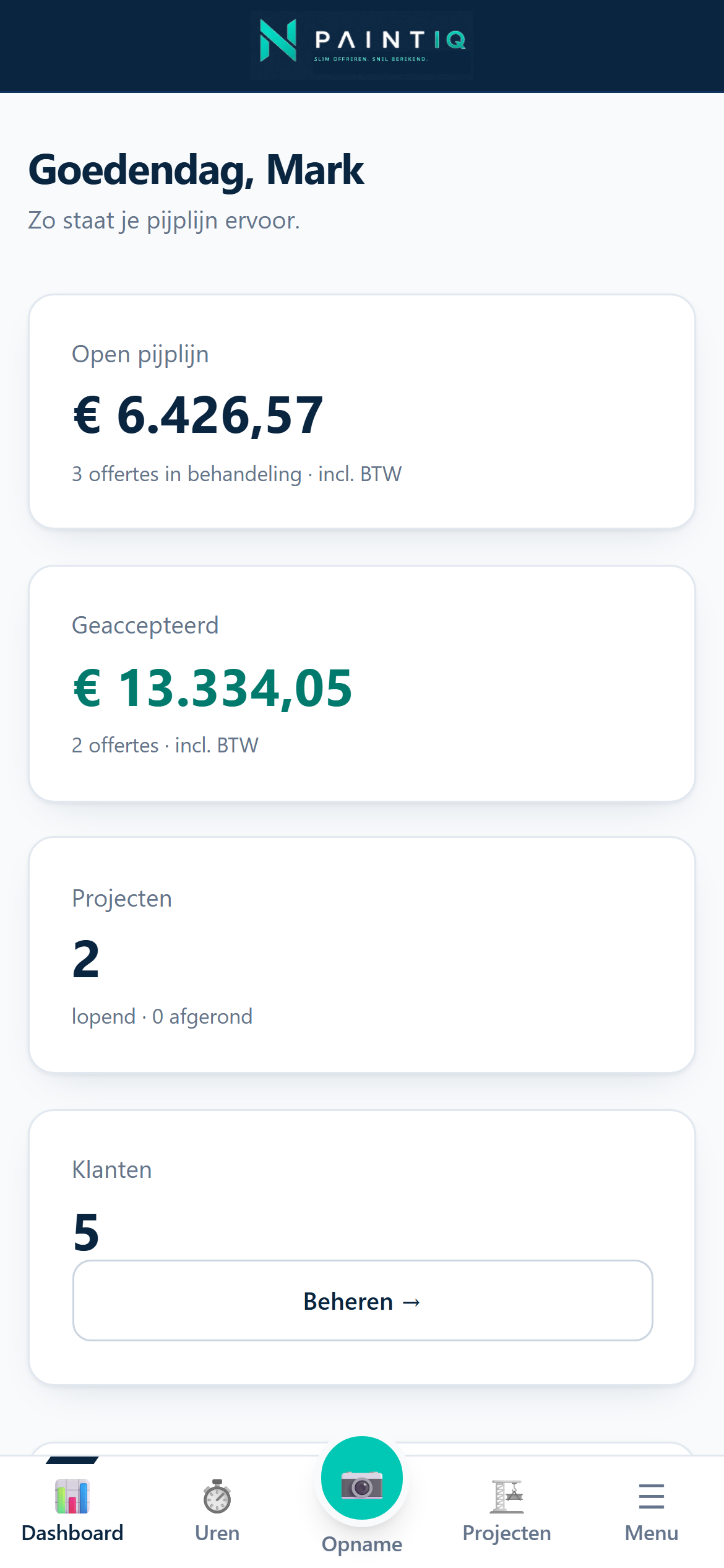 Het dashboard van PaintIQ op de telefoon
