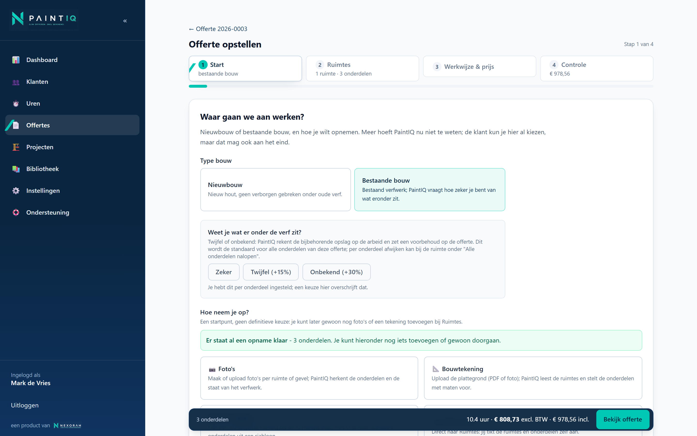 Startscherm van een offerte: nieuwbouw of bestaande bouw, en de vraag of je weet wat er onder de verf zit